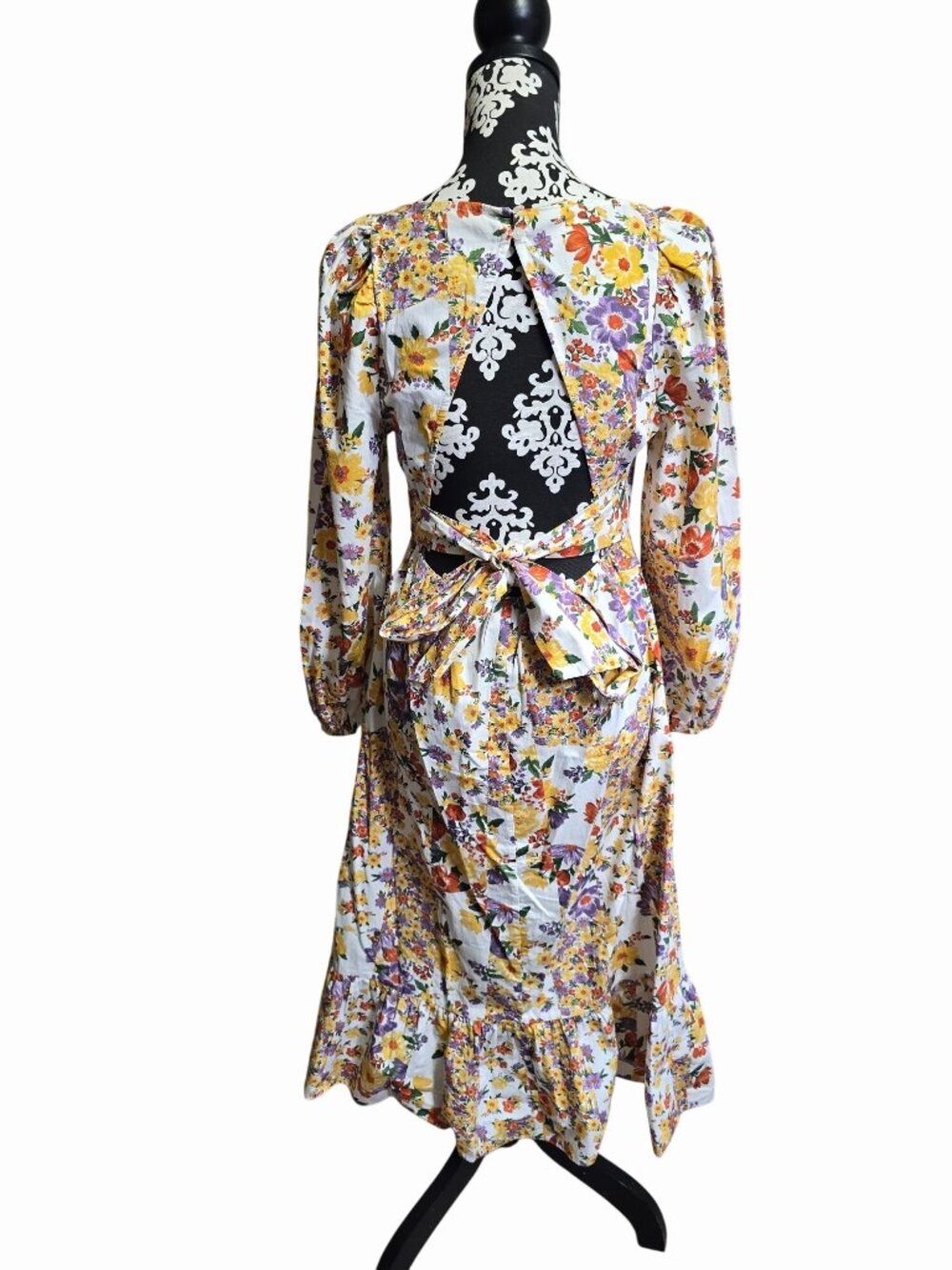 Miss Selfridge 8 Floral 100% Cotton Midi Dress Puff Sleeve Open Back Cottagecore - Picture 2 of 5